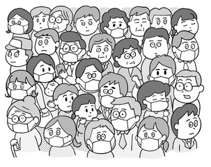 マスク_人々_集団（ベクター）_白黒_Masks, people, groups,vector_Mono