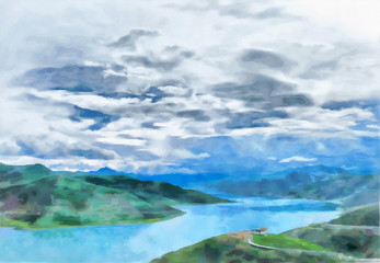 Watercolor mountain landscape, Himalayas, Tibet. Tourism, travel. Mountain and lake views. Digital painting - illustration. Watercolor drawing