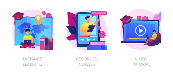 Home education, remote university graduation, online educational materials icons set. Distance learning, recorded classes, video tutorial metaphors. Vector isolated concept metaphor illustrations - obrazy, fototapety, plakaty