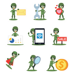 Set character of woman buy plastic army toy for her kid.