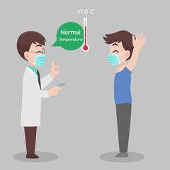 man see doctor for check herself, temperature for corona virus scanning, He is not infect, results is normal temperature, They wear face mask surgical protective Medical mask for prevent virus.