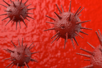 Coronavirus ( COVID 19 ). Virus cell in microscope. 3D rendering.