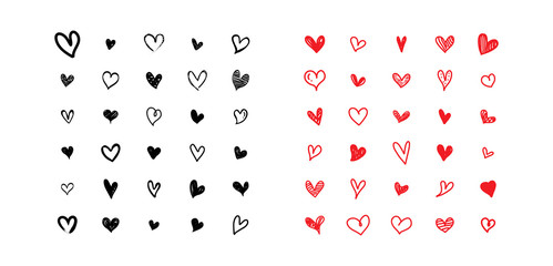 Set of scribble black and red hearts. Collection of heart shapes draw the hand. Symbol of love. Design elements for Valentine's Day card. Vector hearts. Vector illustration. © Happy-Lucky