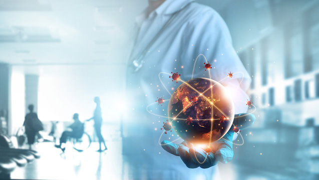 Abstract, Earth at coronavirus or covid-19 spreading was holding in doctor hand, Global and corona virus pandemic