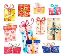 Gift boxes set, presents isolated on white. Watercolor cute vector Colorful wrapped. Sale, holidays concept. Collection for Birthday, Christmas, Valentine. For Vector Cartoon watercolor design