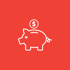 Piggy Bank Line Icon On Red Background. Red Flat Style Vector Illustration