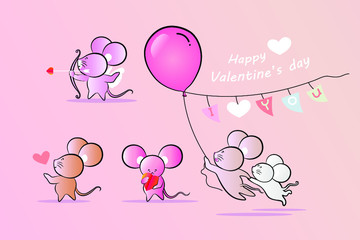 Draw cute rat set, flying with balloon, Holding red heart for lover, Shooting, Christmas, Happy new year, Set of lovely mice for happy valentines day, Animal cartoon character set. Vector illustration