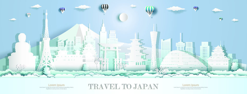 Tourism to japan with modern architecture landmarks of asia and ancient architecture culture city and tourist, Travelling in Asia with paper cut origami style for travel poster, Vector illustration.