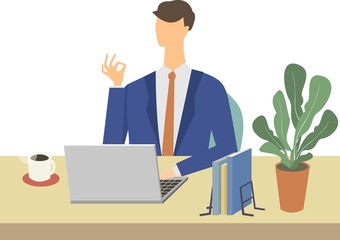 男性　デスクワーク　テレワーク　リモートワーク　ビジネス　自宅　ノートパソコン　ベクター　イラスト　お金　副業