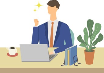 男性　デスクワーク　テレワーク　リモートワーク　ビジネス　自宅　ノートパソコン　ベクター　イラスト　達成