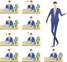 男性　デスクワーク　テレワーク　リモートワーク　ビジネス　自宅　ノートパソコン　ベクター　イラスト　セット