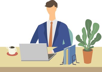 男性　デスクワーク　テレワーク　リモートワーク　ビジネス　自宅　ノートパソコン　ベクター　イラスト
