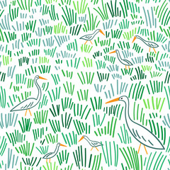 Heron at wetland seamless pattern