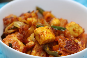 Paneer jalfrezi, spicy dish made with cottage cheese and vegetables, Indian food