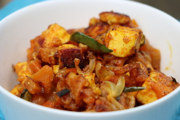 Paneer jalfrezi, spicy dish made with cottage cheese and vegetables, Indian food
