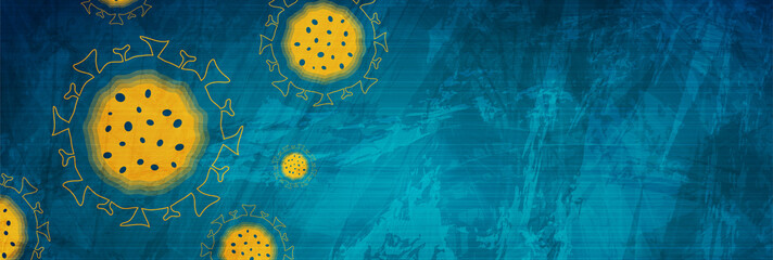 Abstract blue grunge background with COVID-19 coronavirus bacteria cells. Vector banner design - obrazy, fototapety, plakaty