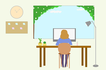 Vector - Woman working or learning at home in her room with natural view from window. Flat style. Social distance. Copy space.