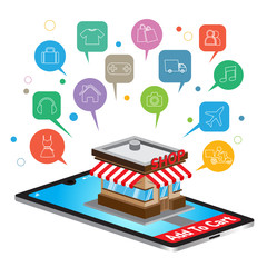 Mobile application for shopping, Online supermaket, Smartphone with shopping app.