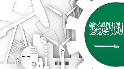 Energy and Power icons set. Saudi Arabia flag in gear. Sustainable energy generation and heavy industry. Heavy industry concept. 3D rendering