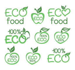 Set of Eco food icons, healthy food emblems, logo. Vector design element for meal and drink, cafe, restaurants, farm market, food market, natural product packaging. ECO, organic, natural food concept