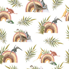Hand drawing watercolor сhildren's pattern of cute dino, tropical leaves of palm, rainbow. Funny dinosaur perfect for posters, children's fabric, prints.  illustration isolated on white