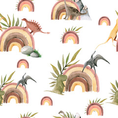 Hand drawing watercolor сhildren's pattern of cute dino and tropical leaves of palm. Funny dinosaur perfect for posters, children's fabric, prints.  illustration isolated on white © 60seconds
