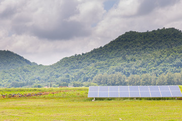 Solar Cell  for clean Energy with sky and mountain