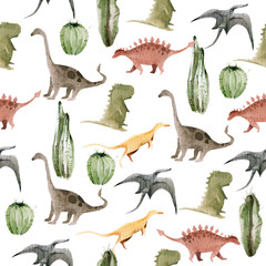 Hand drawing watercolor сhildren's pattern of cute dino and cactus. Funny dinosaur perfect for posters, children's fabric, prints.  illustration isolated on white