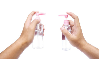 hand holding  bottle of sanitizer gel for washing  isolated on white background. Coronavirus flu protection concept.