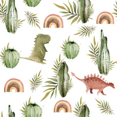 Hand drawing watercolor сhildren's pattern of cute dino, tropical leaves, cactus and rainbow. Funny dinosaur perfect for posters, children's fabric, prints.  illustration isolated on white