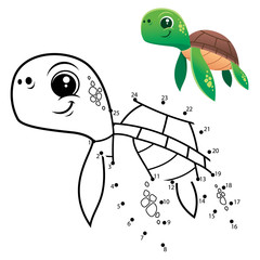 Education Numbers game. Dot to dot game. Turtle cartoon