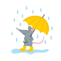 Vector illustration of cute rat in yellow rubber boots with umbrella