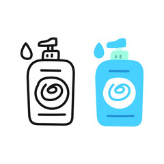 Hand sanitizer. Outline and flat icons. Hand drawn vector illustration on white background.