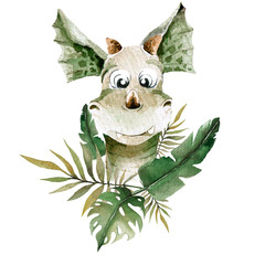 Obraz premium Hand drawing watercolor сhildren's illustration - cute dino with tropical leaves. Funny dinosaur perfect for posters, children's fabric, prints. illustration isolated on white