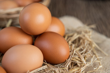 Eggs on the sacks, hemp on the wooden and straw