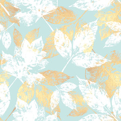 Floral seamless pattern with gold leaves. Hand drawn style. Colourful background for cards, paper, textile, decoration and wrapping.