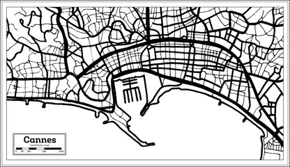 Cannes France City Map in Black and White Color in Retro Style. Outline Map.
