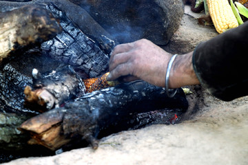 Indian Corn (bhutta) being cooked on burning wood