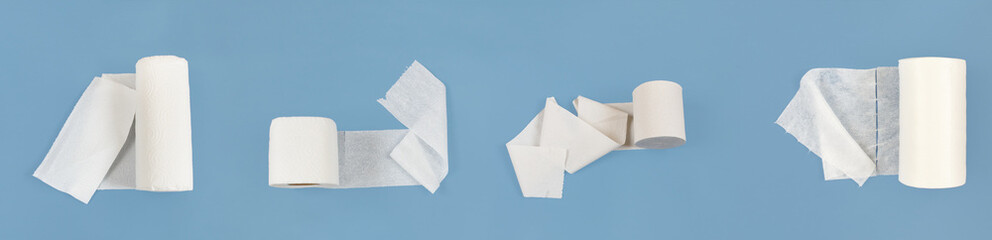 Toilet paper, paper towels , synthetic non -woven napkins in rolls. Concept of personal hygiene and sanitation products. A blue banner with white rolls of disposable paper and towels.
