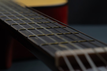 Acoustic guitar close up. musical instrument. strings on the guitar neck