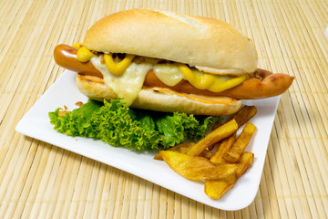 hot dog with mustard and salad