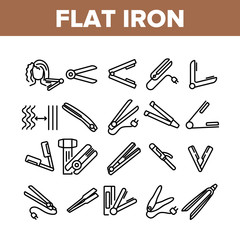 Flat Iron Equipment Collection Icons Set Vector. Flat Iron Hairdresser Device, Appliance For Beauty Hair, Woman Make Coiffure With Tool Concept Linear Pictograms. Monochrome Contour Illustrations
