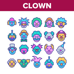 Clown Circus Character Collection Icons Set Vector. Happy Smiling And Unhappy Sad Different Mood Carnival Funny Clown Joker Concept Linear Pictograms. Color Illustrations