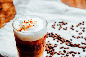 Iced cappuccino and glass collection with coffee beans on wood table ,  The drink menu . cafe image