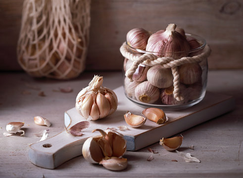 garlic on a wooden board