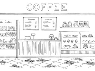 Cafe graphic black white interior sketch illustration vector