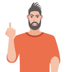 Man is showing the middle finger. Obscene gesture. The evil man expresses his negative emotions.  Vector illustration in cartoon style.