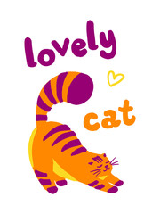 Cute orange funny cat colorful illustration. Lovely cat. Greeting cards, posters, banners, stickers, tshirts, web, flyers, invitation, brochure. Vector
