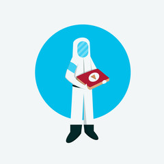 Pizza delivery man wear protect suit to protect himself form virus. Flat vector design illustration.