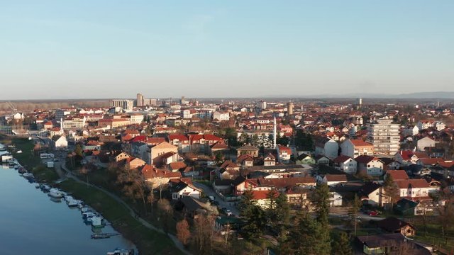 4k Cinematic Areal View of Brcko district city in Bosnia and Herzegovina. Drone flying over city